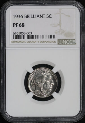 Obverse of this 1936 Buffalo Nickel Brilliant NGC PF-68