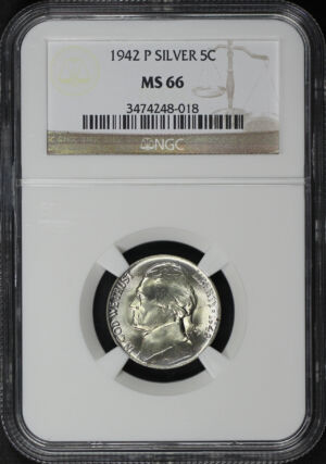 Obverse of this 1942-P Silver Jefferson Nickel NGC MS-66