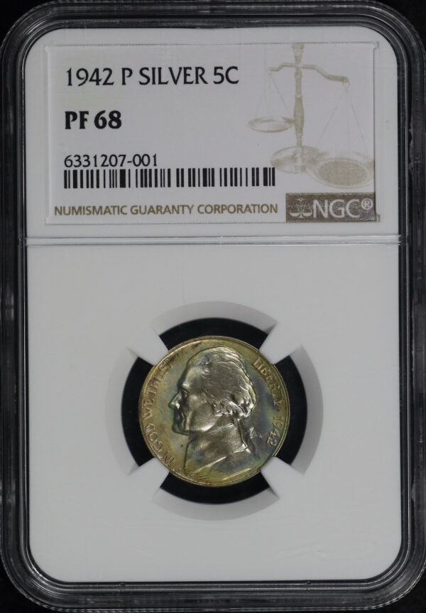 Obverse of this 1942 Silver Jefferson Nickel Type 2 NGC PF-68