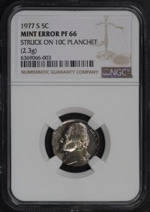 Obverse of this 1977-S Jefferson Nickel NGC PF-66 MINT ERROR Struck On 10c Planchet