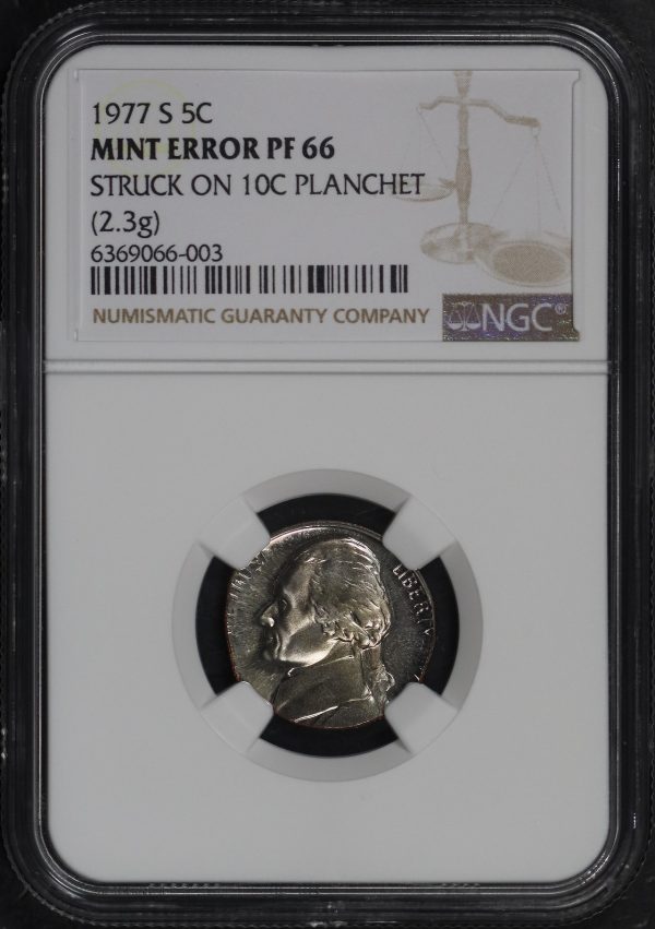 Obverse of this 1977-S Jefferson Nickel NGC PF-66 MINT ERROR Struck On 10c Planchet