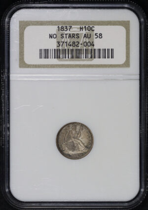 Obverse of this 1837 No Stars Liberty Seated Half Dime NGC AU-58
