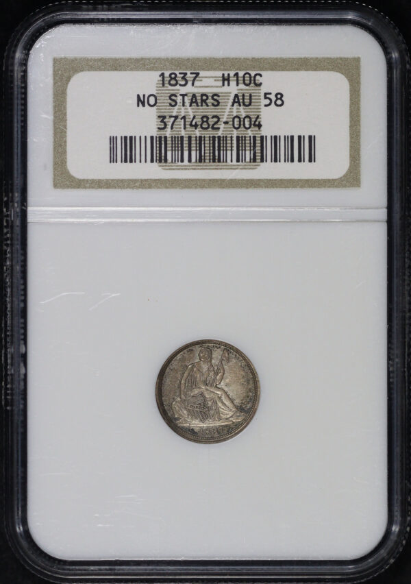 Obverse of this 1837 No Stars Liberty Seated Half Dime NGC AU-58