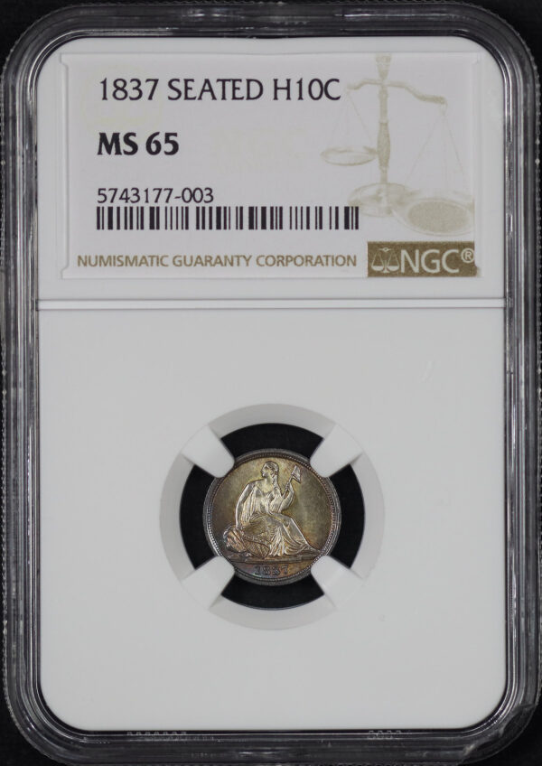 Obverse of this 1837 Liberty Seated Half Dime Seated, Small Date NGC MS-65