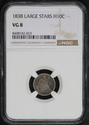 Obverse of this 1838 Large Stars Liberty Seated Half Dime No Drapery, NGC VG-8