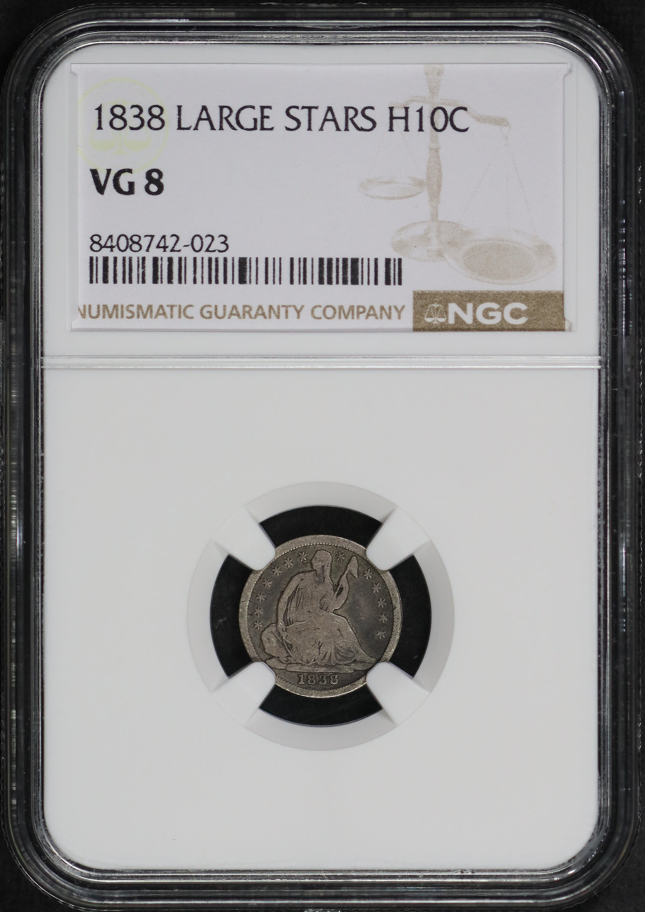 Obverse of this 1838 Large Stars Liberty Seated Half Dime No Drapery, NGC VG-8