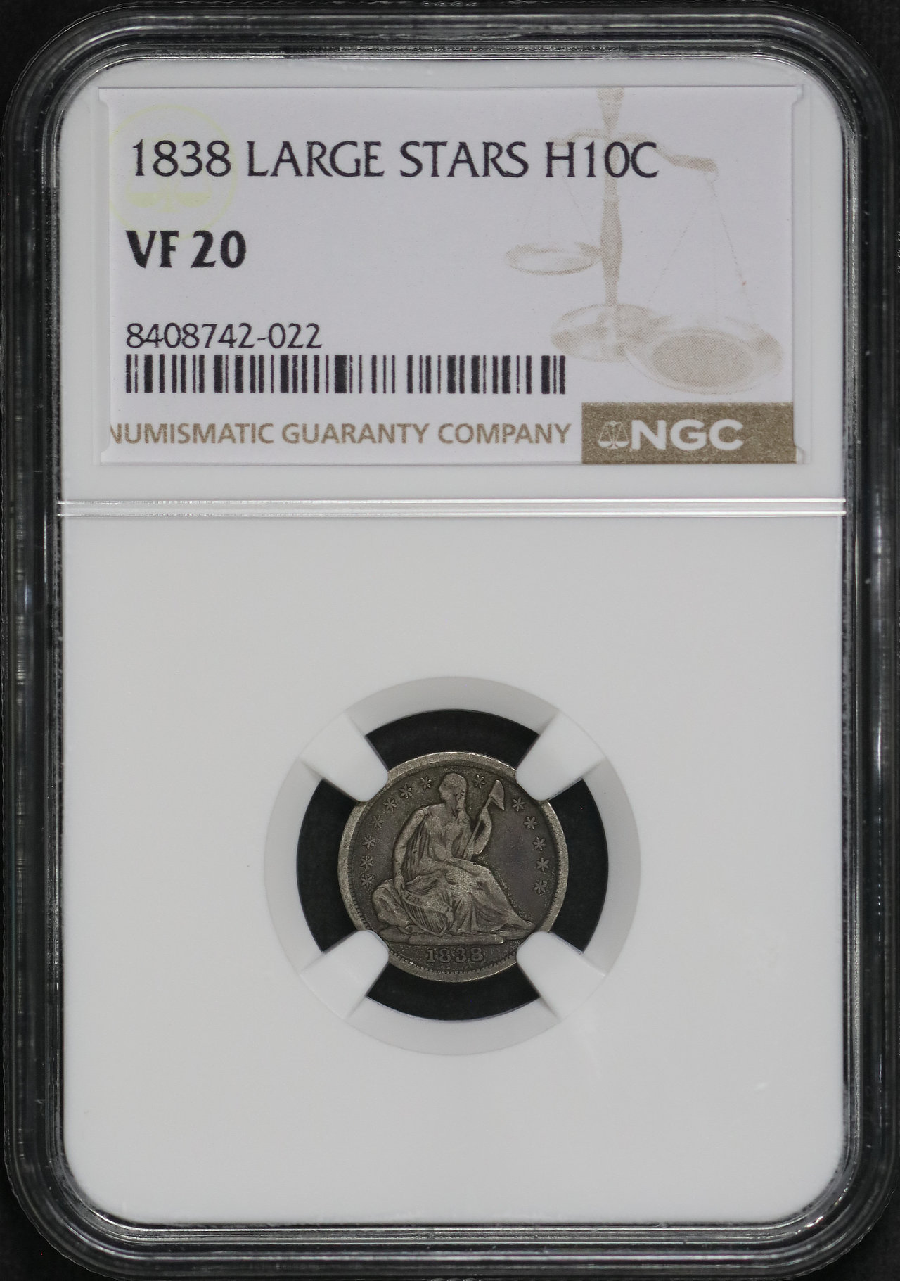 Obverse of this 1838 Large Stars Liberty Seated Half Dime No Drapery, NGC VF-20
