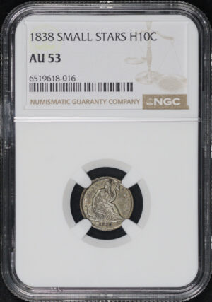 Obverse of this 1838 Small Stars Liberty Seated Half Dime NGC AU-53