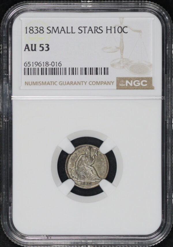Obverse of this 1838 Small Stars Liberty Seated Half Dime NGC AU-53