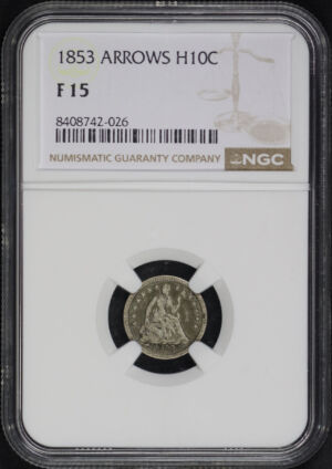 Obverse of this 1853 Liberty Seated Half Dime Arrows NGC F-15