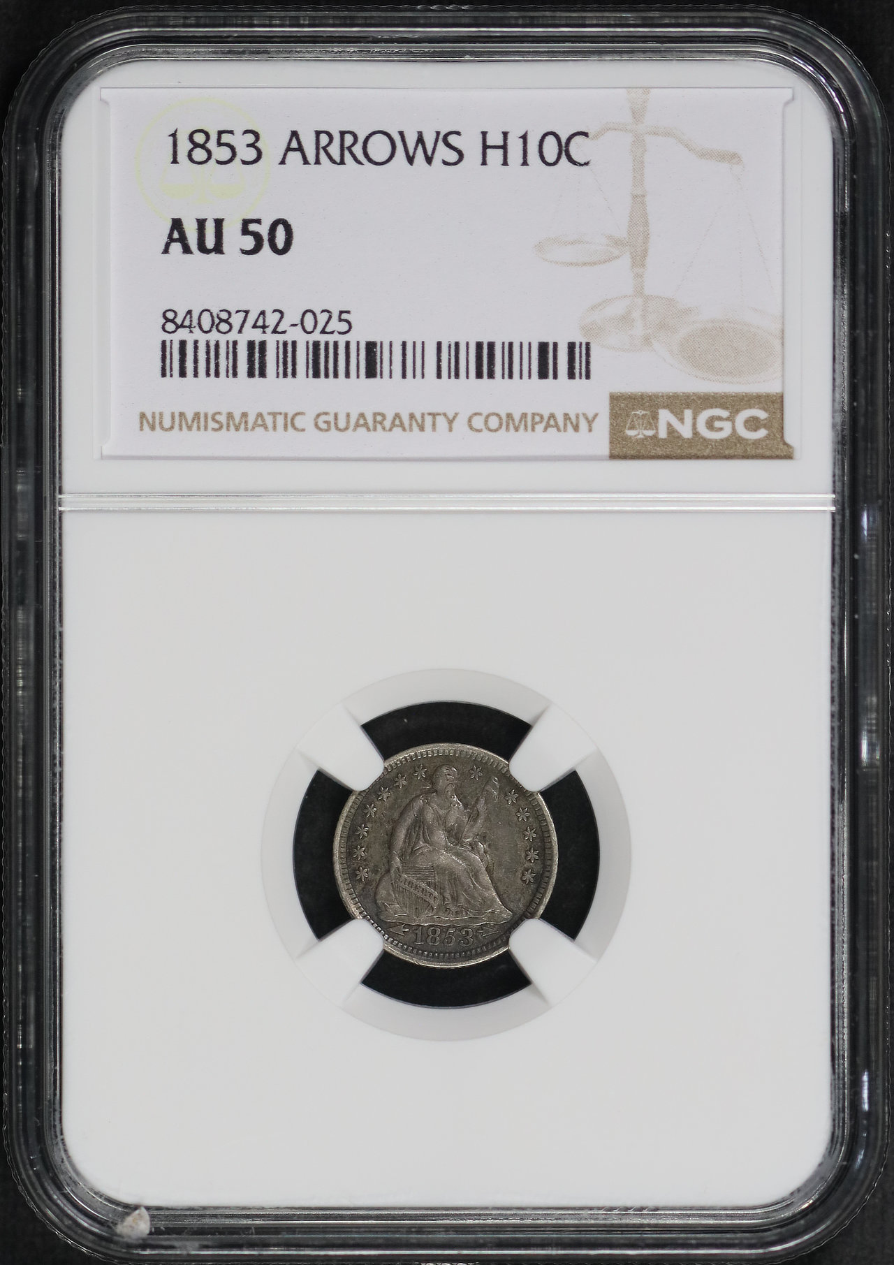 Obverse of this 1853 Liberty Seated Half Dime Arrows NGC AU-50