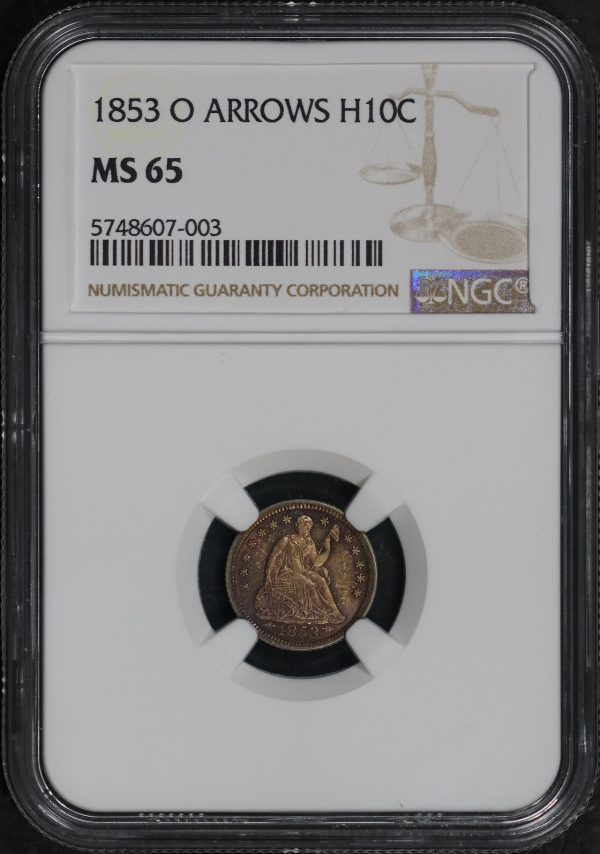 Obverse of this 1853-O Liberty Seated Half Dime Arrows NGC MS-65