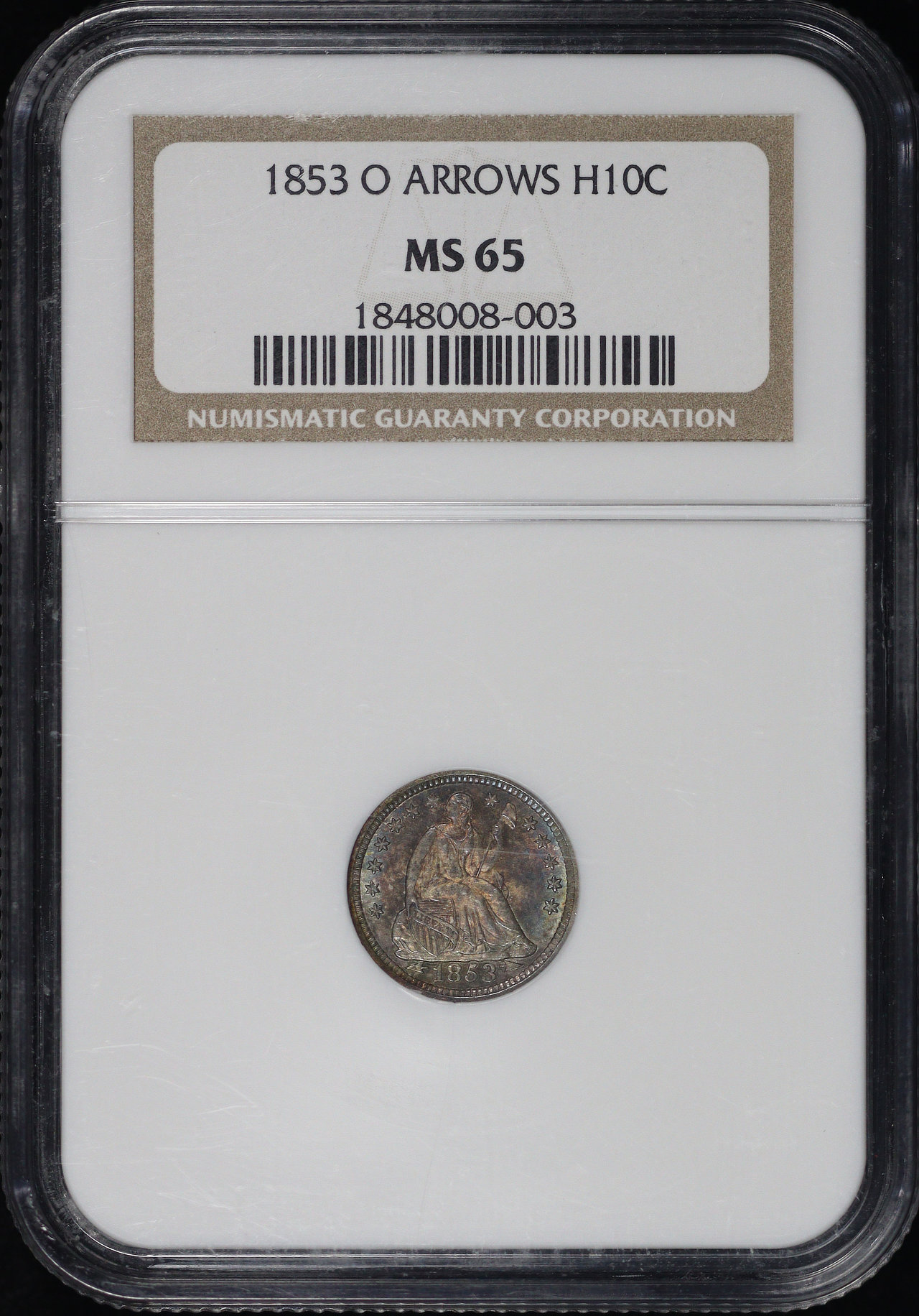 1853-O Liberty Seated Half Dime with Arrows NGC MS-65 Dark Blue ...