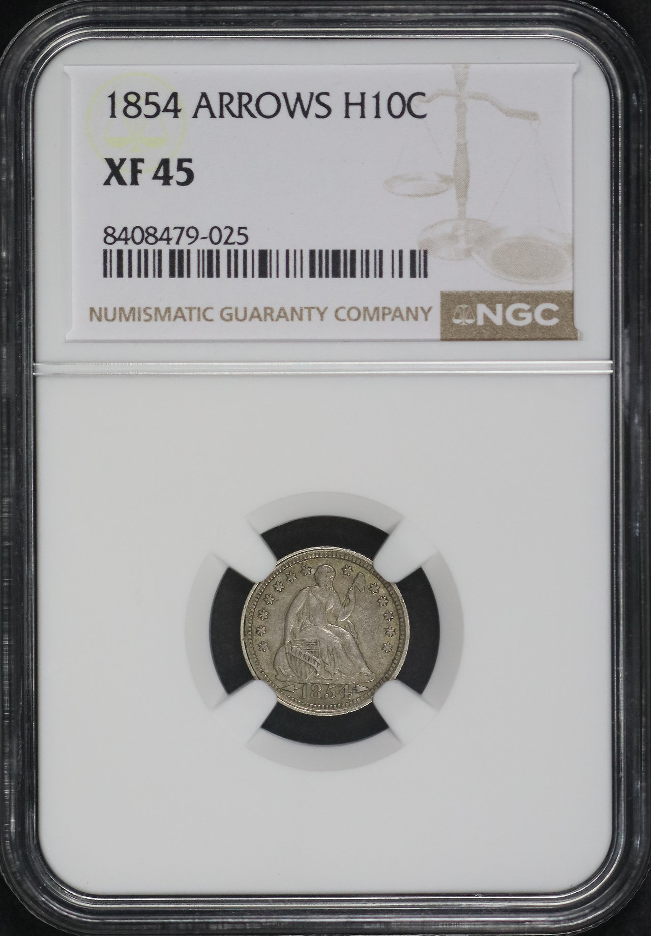 Obverse of this 1854 Liberty Seated Half Dime Arrows NGC XF-45