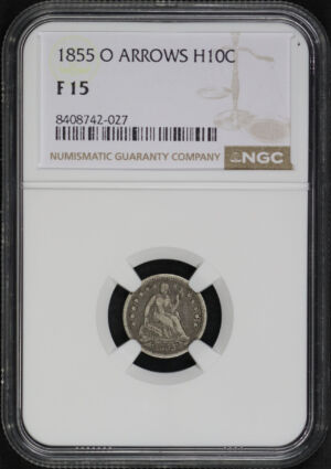 Obverse of this 1855-O Liberty Seated Half Dime Arrows NGC F-15