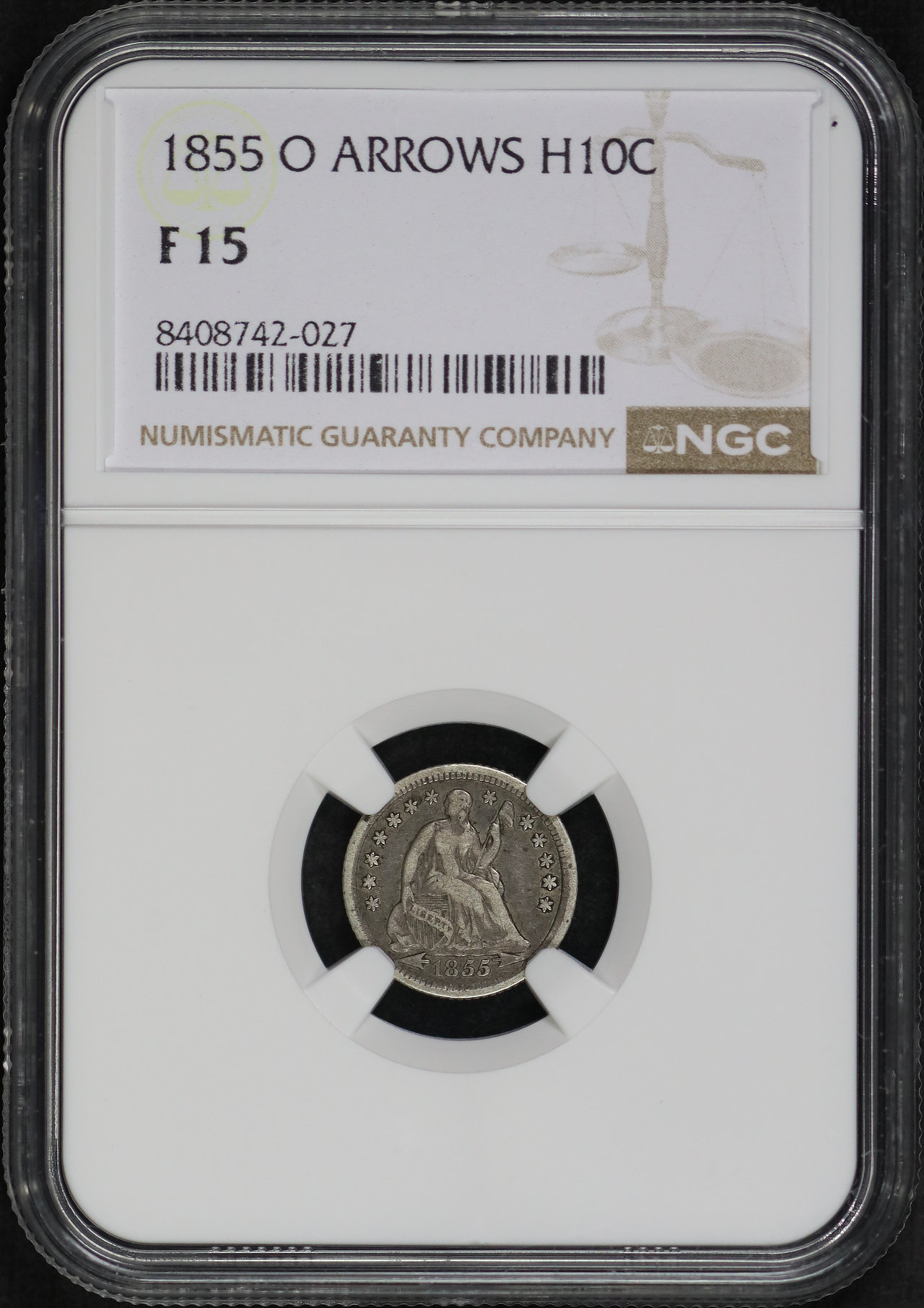 Obverse of this 1855-O Liberty Seated Half Dime Arrows NGC F-15