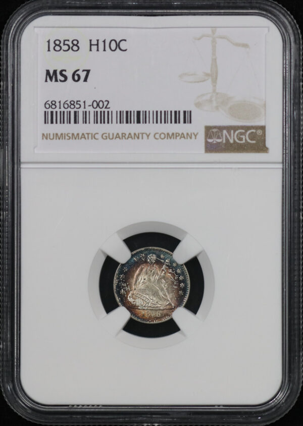 Obverse of this 1858 Liberty Seated Half Dime NGC MS-67 Obverse & Reverse Dark Green Toning