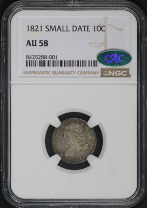 Obverse of this 1821 Small Date Capped Bust Dime NGC AU-58 CAC