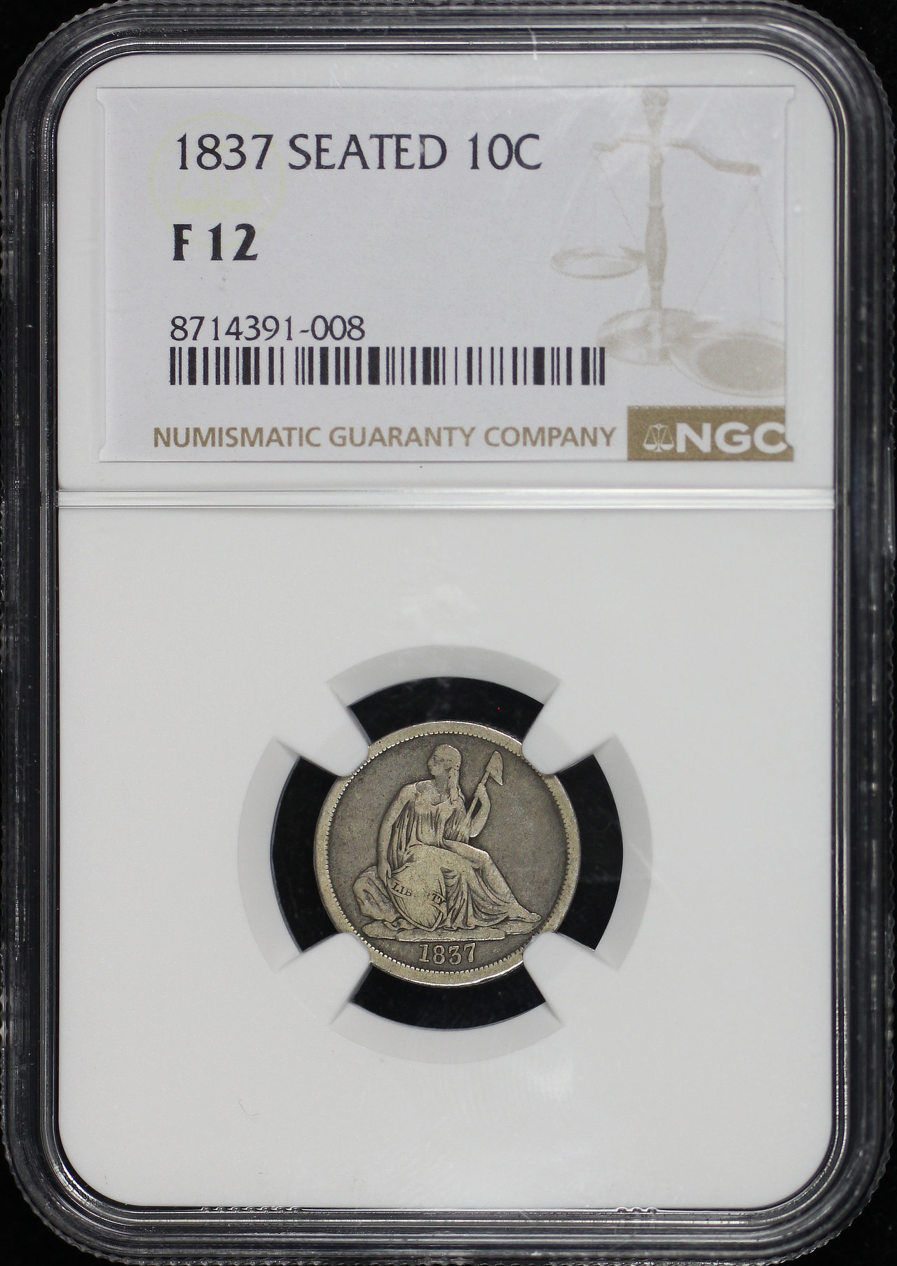 Obverse of this 1837 Liberty Seated Dime NGC F-12