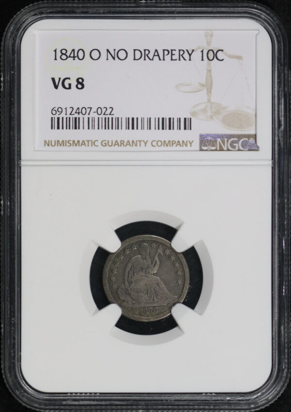 Obverse of this 1840-O No Drapery Liberty Seated Dime NGC VG-8