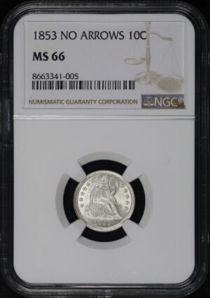 Obverse of this 1853 No Arrows Liberty Seated Dime NGC MS-66