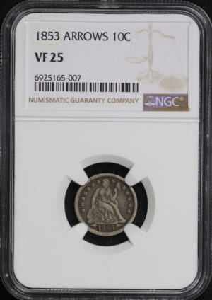 Obverse of this 1853 Seated Liberty Dime with Arrows NGC VF-25