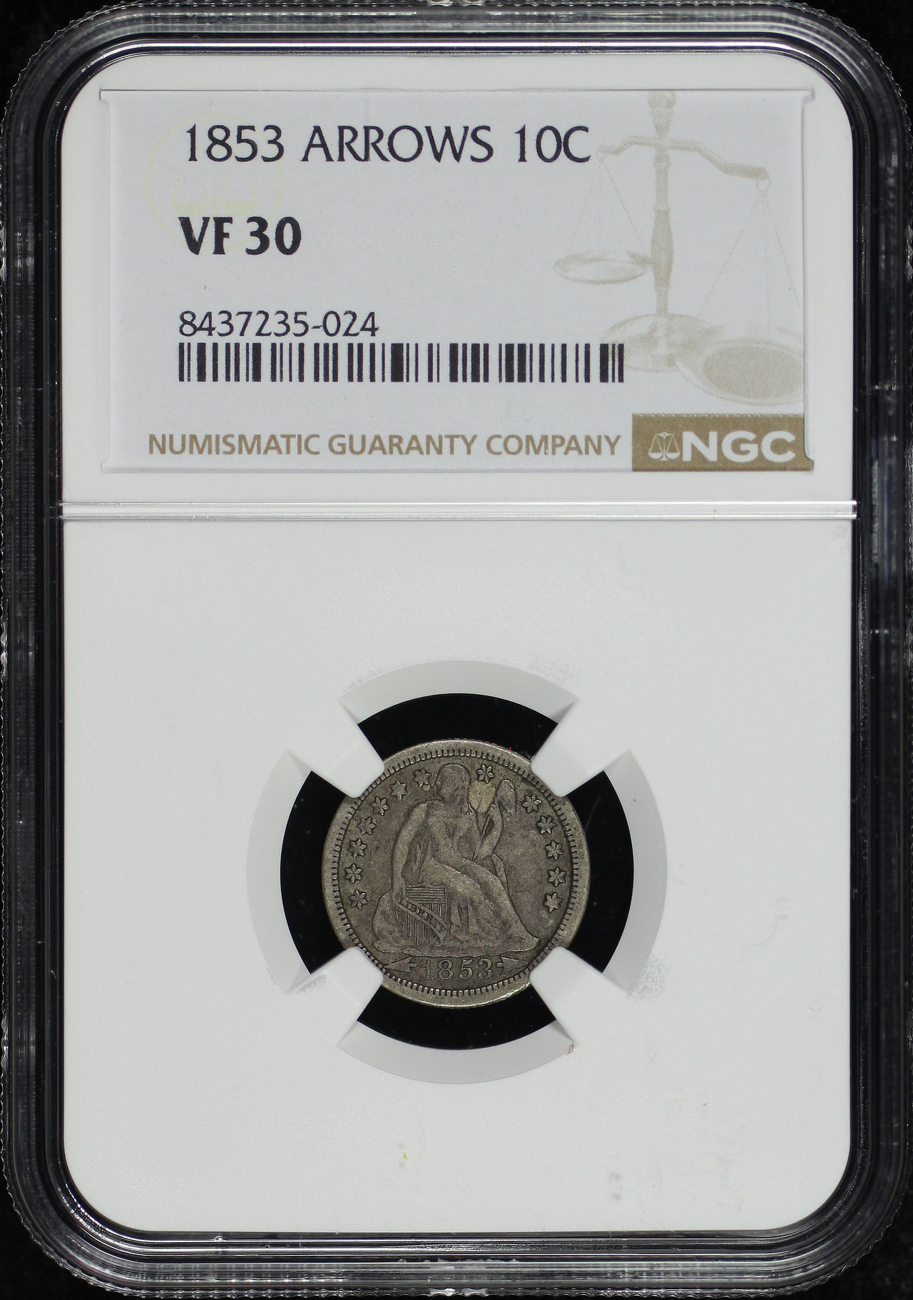 Obverse of this 1853 Liberty Seated Dime Arrows NGC VF-30