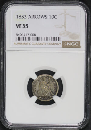 Obverse of this 1853 Liberty Seated Dime Arrows NGC VF-35