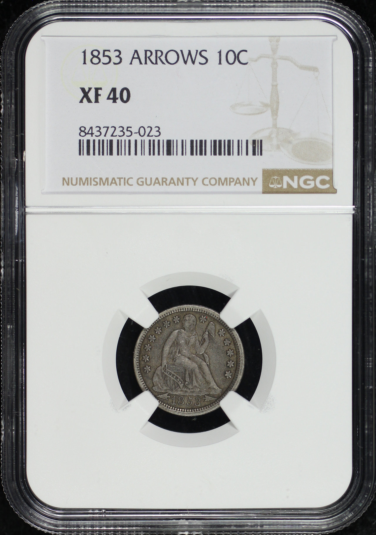 Obverse of this 1853 Liberty Seated Dime Arrows NGC XF-40