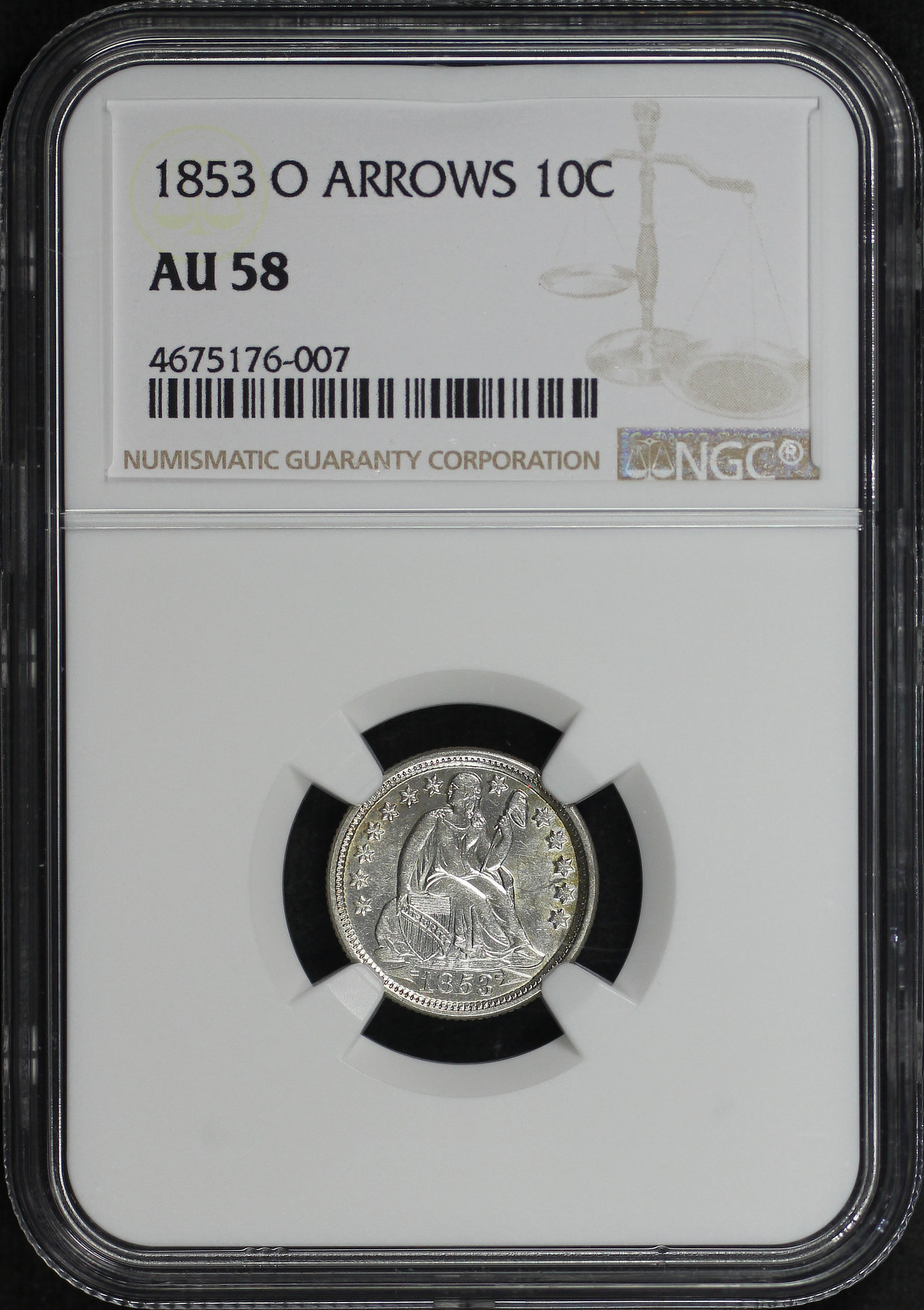 Obverse of this 1853-O Liberty Seated Dime Arrows NGC AU-58