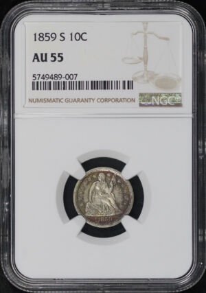 Obverse of this 1859-S Liberty Seated Dime NGC AU-55