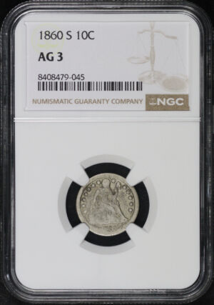 Obverse of this 1860-S Liberty Seated Dime NGC AG-3 Great For A Lowball Set!