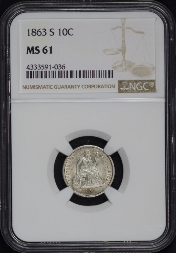 Obverse of this 1863-S Liberty Seated Dime NGC MS-61