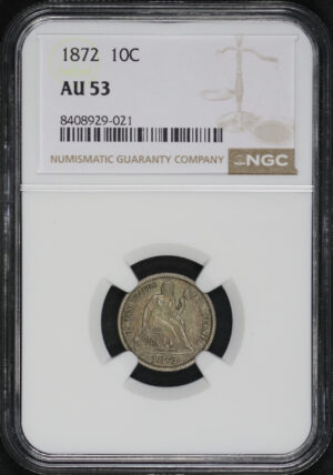 Obverse of this 1872 Liberty Seated Dime NGC AU-53