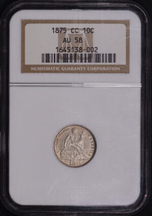 Obverse of this 1875-CC Liberty Seated Dime NGC AU-58