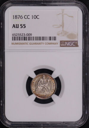 Obverse of this 1876-CC Liberty Seated Dime NGC AU-55 Reverse Rainbow Toning