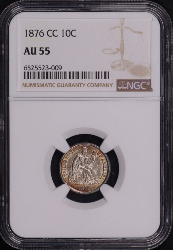 Obverse of this 1876-CC Liberty Seated Dime NGC AU-55 Reverse Rainbow Toning