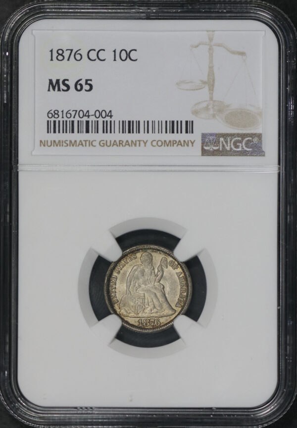 Obverse of this 1876-CC Liberty Seated Dime NGC MS-65