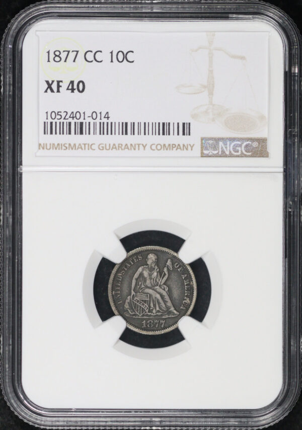 Obverse of this 1877-CC Liberty Seated Dime NGC XF-40