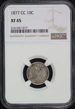 Obverse of this 1877-CC Liberty Seated Dime NGC XF-45