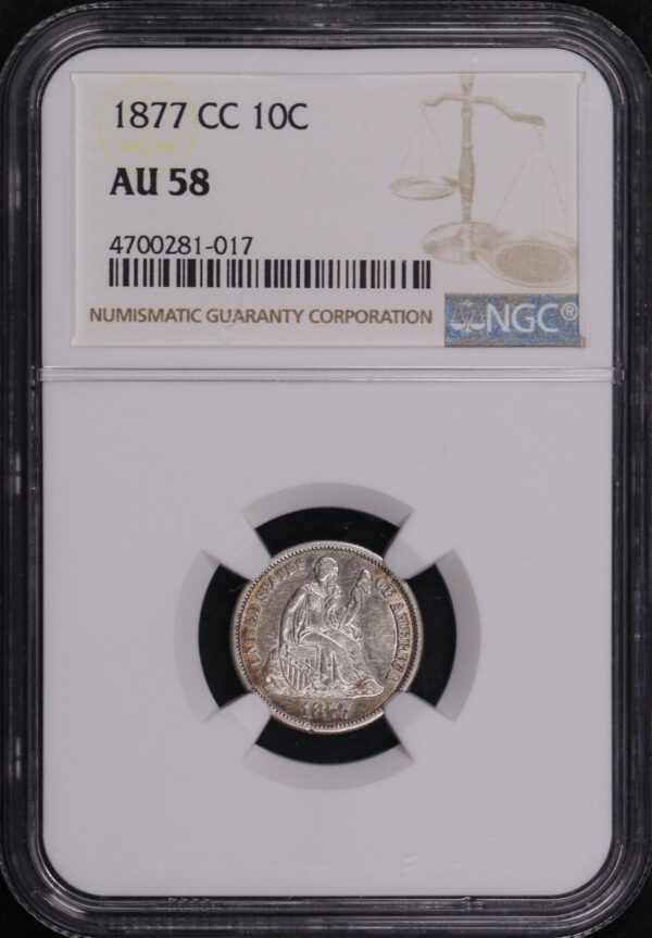 Obverse of this 1877-CC Liberty Seated Dime NGC AU-58