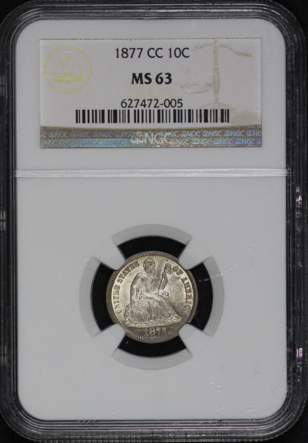Obverse of this 1877-CC Liberty Seated Dime NGC MS-63