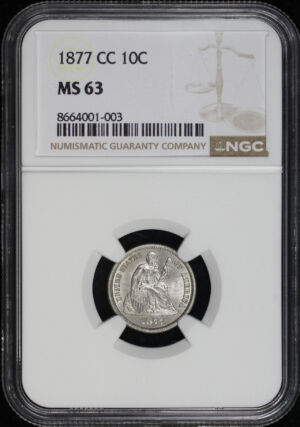 Obverse of this 1877-CC Liberty Seated Dime NGC MS-63