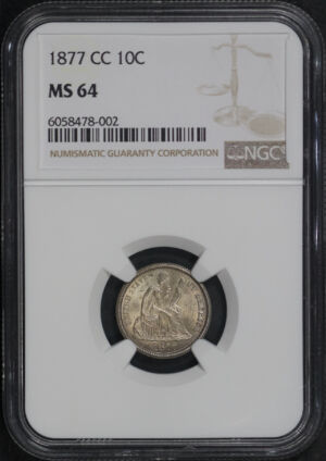 Obverse of this 1877-CC Liberty Seated Dime NGC MS-64