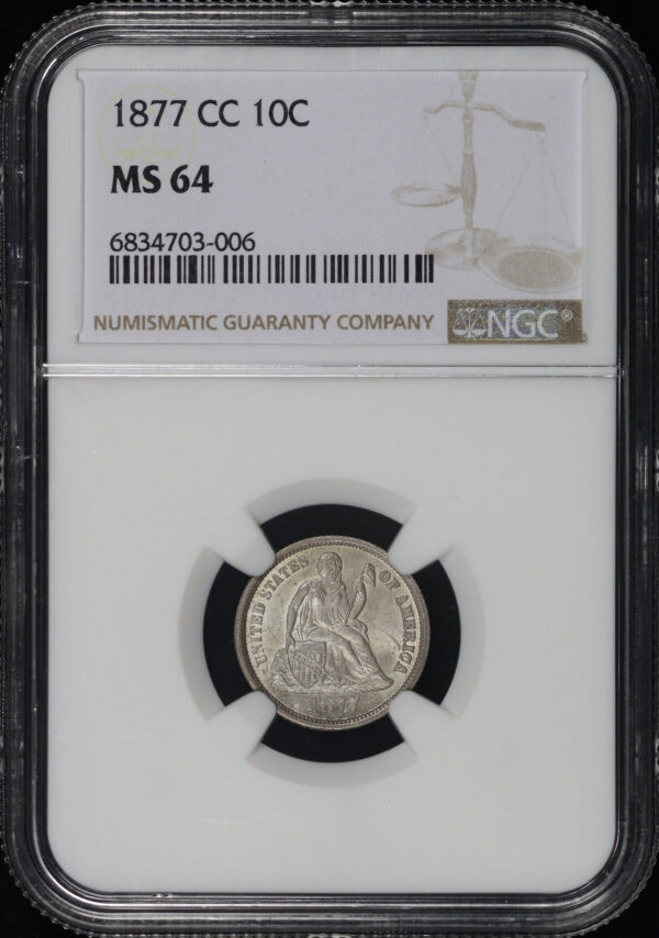 Obverse of this 1877-CC Liberty Seated Dime NGC MS-64
