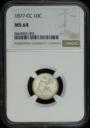 Obverse of this 1877-CC Liberty Seated Dime NGC MS-64