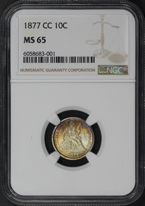 Obverse of this 1877-CC Liberty Seated Dime NGC MS-65