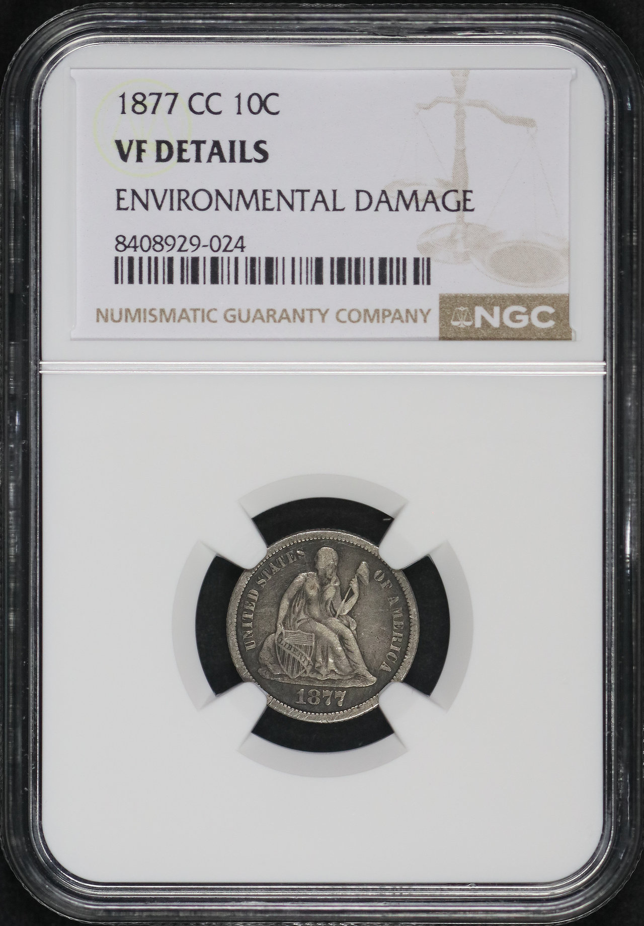 Obverse of this 1877-CC Liberty Seated Dime NGC VF Details Environmental Damage