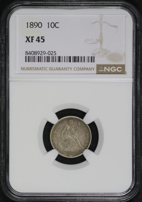 Obverse of this 1890 Liberty Seated Dime NGC XF-45