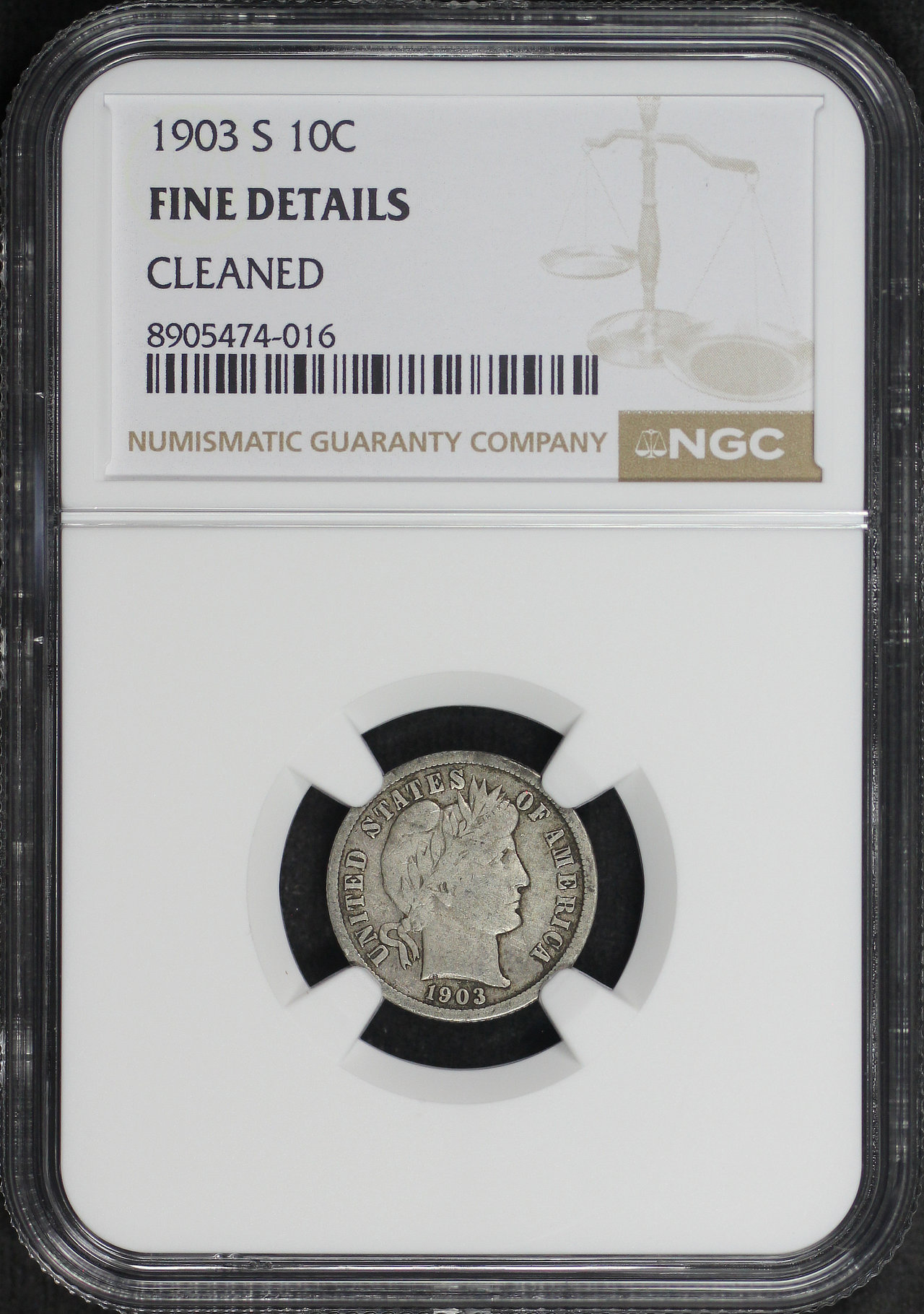 Obverse of this 1903-S Barber Dime NGC F Details Cleaned